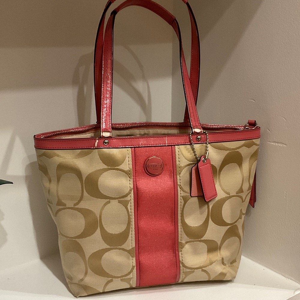 Coach Beige and Coral Signature Tote